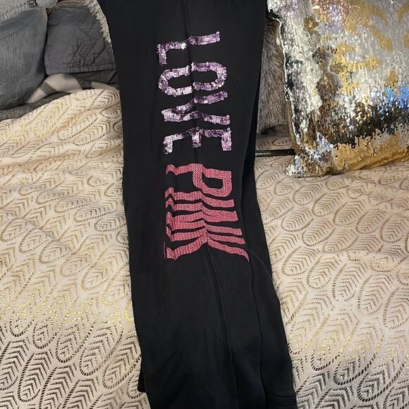 Vintage VS pink black bootcut sweatpants sequin rhinestone bling medium - Picture 6 of 10
